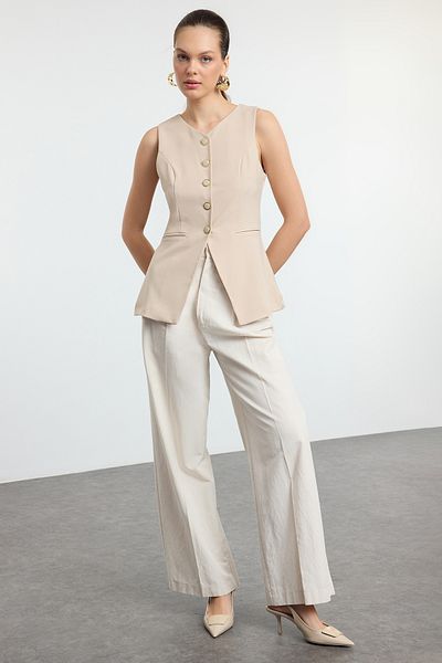 Trendyol Collection Beige Fitted Fitted Round Collar Woven Vest Twoaw25Ye00074
