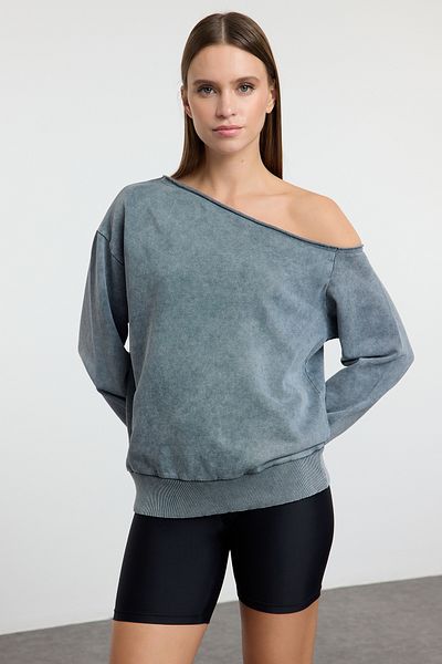 Trendyol Collection Asymetrický límec - Antracitová barva Oversize Silná mikina Twoaw25Sw00141