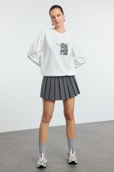 Trendyol Collection Fóliově potištěná tlustá fleecová mikina uvnitř Ecru - Oversize Twoaw25Sw00278