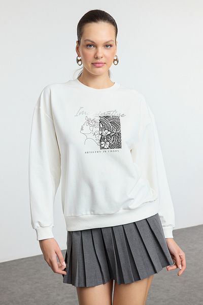 Trendyol Collection Fóliově potištěná tlustá fleecová mikina uvnitř Ecru - Oversize Twoaw25Sw00278