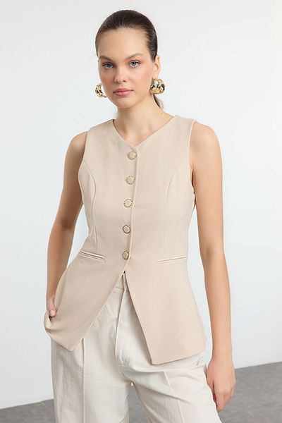 Trendyol Collection Beige Fitted Fitted Round Collar Woven Vest Twoaw25Ye00074