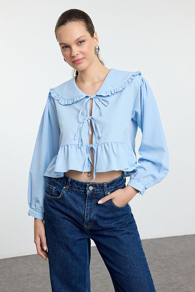 Trendyol Collection Světle modrá nabíraný dětský límec přední kravata Detailní tkaná košile Regular Fit Twoaw25Go00045