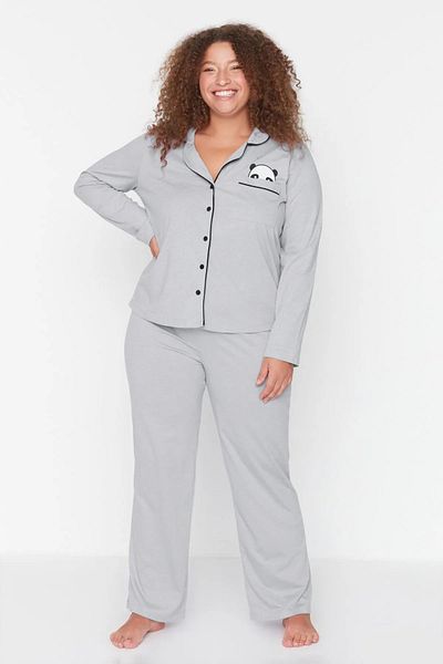 Trendyol Curve Panda Printed Gray Melange Knitted Pajama Set - Shirt Collar TBBAW23AI00012