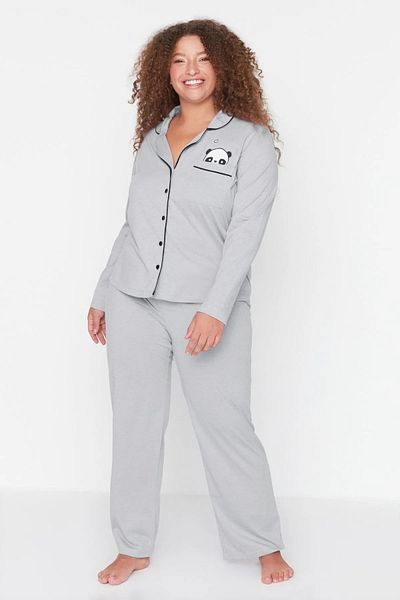 Trendyol Curve Panda Printed Gray Melange Knitted Pajama Set - Shirt Collar TBBAW23AI00012