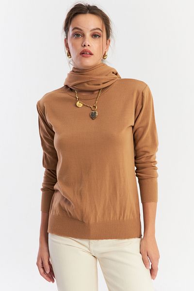 Cool & Modest Γυναικεία πλεκτή μπλούζα με αξεσουάρ Camel Shawl YV286