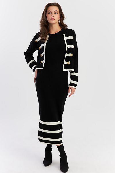 Cool & Modest Women's Black Button Accessory Knitwear Suit Nuv38