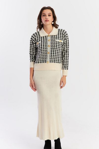 Cool & Modest Ecru-Black Houndstooth Patterned Women's Knitwear Set - Nuv36