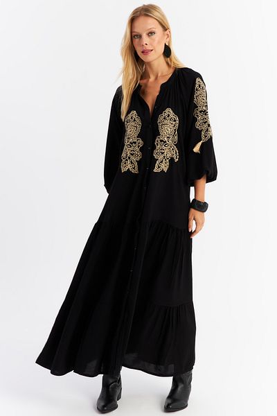 Cool & Modest Black Embroidered - Women's Maxi Dress with Flywheel Detail Malo7