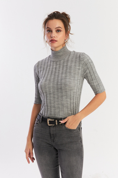 Cool & Modest Γυναικεία Γκρι Half Fisherman Πλεκτά Μπλούζα YV287