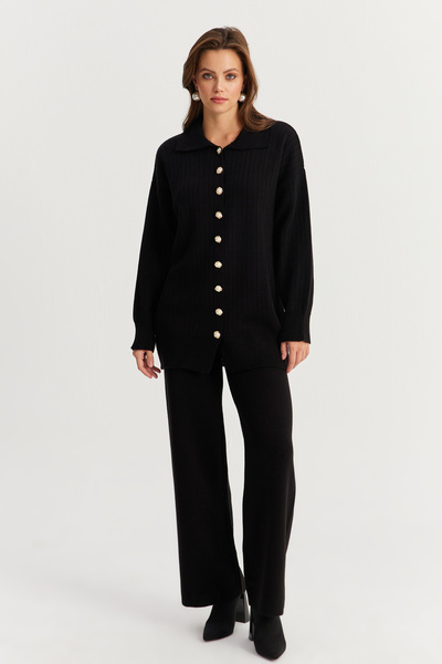 Cool & Modest Black Pearl Buttoned Cardigan and Knitwear Set - Mnuv26