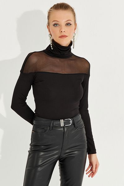 Cool & Modest Damen-Fischerbluse aus schwarzem Tüll mit Details MEY2607