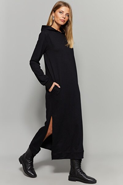 Cool & Modest Black Double Slit Hooded Maxi Dress Mey1111