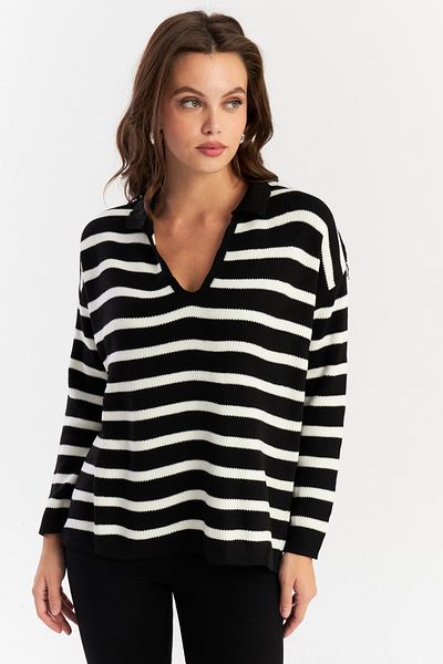Cool & Modest Pulover de damă cu dungi cu gât polo - negru/ecru SE01