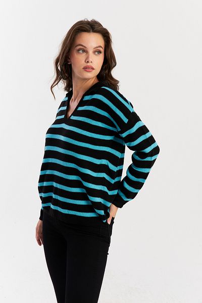 Cool & Modest Pulover de tricotaj pentru damă cu guler polo - negru/turcoaz SE01