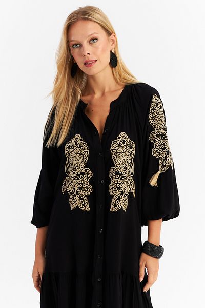 Cool & Modest Black Embroidered - Women's Maxi Dress with Flywheel Detail Malo7