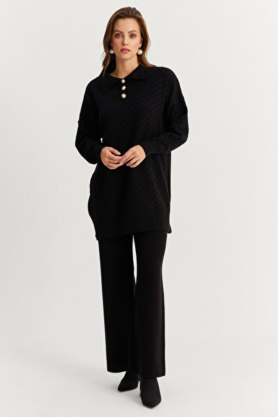 Cool & Modest Women's Black Pearl Buttoned Knitwear Bottom and Top Set Mnuv33