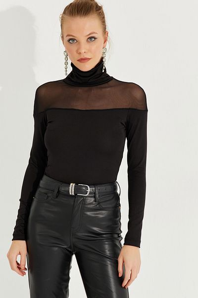 Cool & Modest Damen-Fischerbluse aus schwarzem Tüll mit Details MEY2607