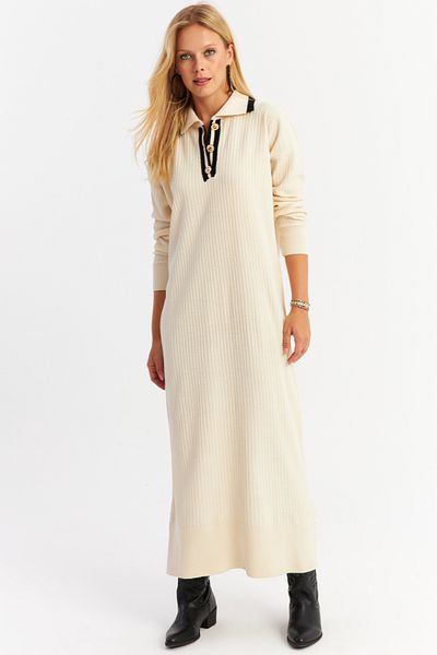 Cool & Modest Ecru Polo Neck Γυναικείο Πλεκτό Μάξι Φόρεμα - MNUV17