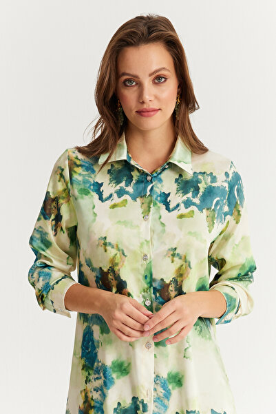 Cool & Modest Γυναικείο πουκάμισο με μοτίβο με πράσινο πέτρινο κουμπί - MLVF9