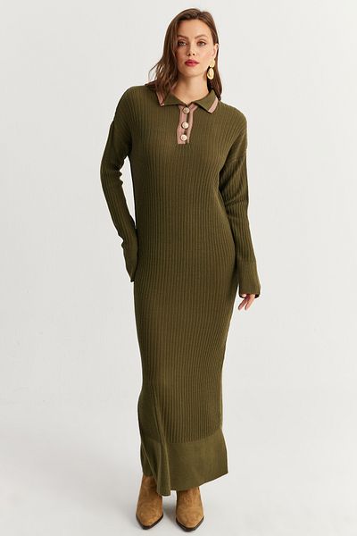 Cool & Modest Χακί Χρώμα Polo Neck Maxi Knitwear Γυναικείο Φόρεμα - MNUV17