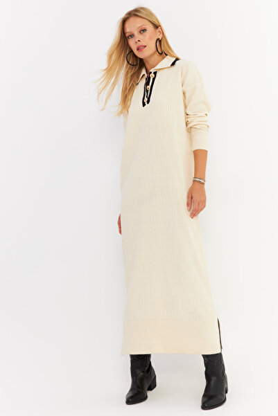 Cool & Modest Ecru Polo Collar Women's Knitwear Maxi Dress - Mnuv17
