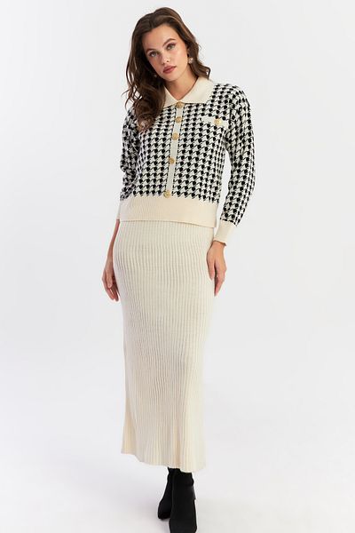 Cool & Modest Ecru-Black Houndstooth Patterned Women's Knitwear Set - Nuv36