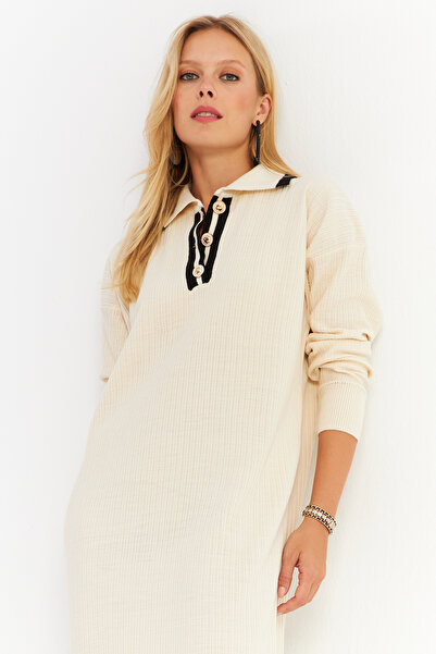 Cool & Modest Ecru Polo Collar Women's Knitwear Maxi Dress - Mnuv17