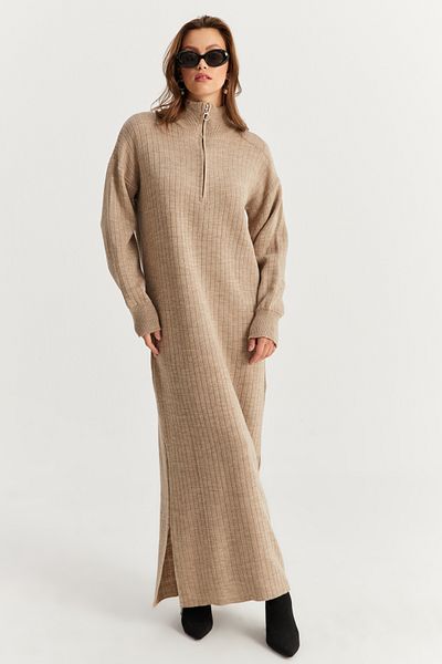 Cool & Modest فستان نسائي طويل منسوج بياقة من فرو المنك وسحاب MNUV10