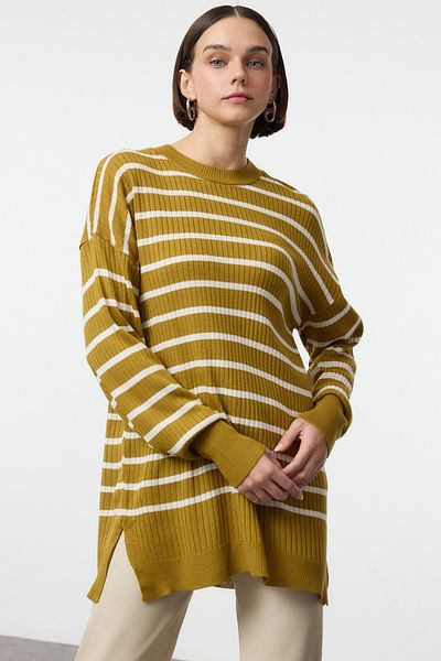 Trendyol Modest Πλεκτό πουλόβερ λαδιού πράσινου ριγέ μονό πιάτο TCTAW25AK00062