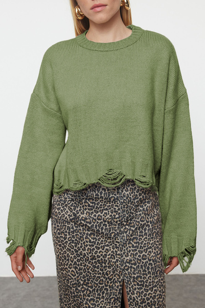 Trendyol Collection Khaki Super Wide Knitwear Sweater - Soft Texture, Crop Cut Twoaw24Kz00319