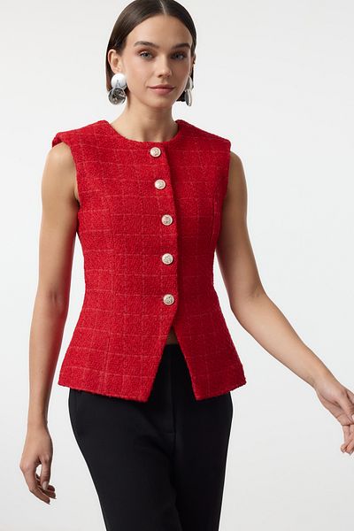 Trendyol Collection Rote Tweed-Weste mit Rundhalsausschnitt – TWOAW25YE00059