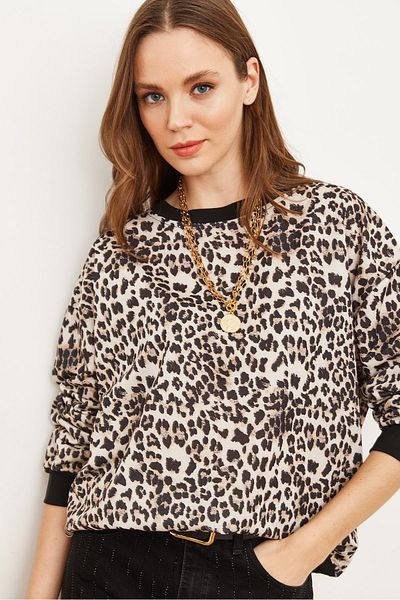 Olalook Jemná mikina s leopardím vzorom Ecru - Swt- 19000457