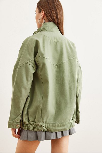 Olalook Khakifarbene lange Damen-Jeansjacke mit Taschen und Reißverschluss – CKT- 19000258