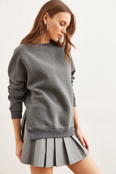 Olalook Women's Anthracite Thick Sweatshirt with Side Zipper Detail and Fleece Inside Swt- 19000624