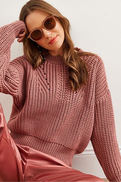 Olalook Damen-Pullover Dusty Rose mit Rundhalsausschnitt, dick gestrickt, locker gestrickt, KZK- 19000856