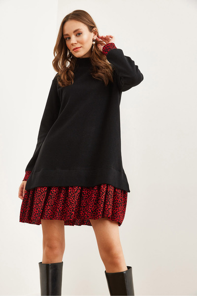 Olalook Γυναικείο φόρεμα Θεσσαλονίκης με μαύρο κόκκινο λουλούδι - ELB- 19000965