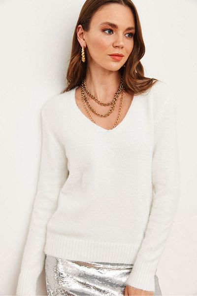 Olalook Pulover alb pentru femei, cu decolteu în V, cu textura moale, cu barbă, KZK- 19000860