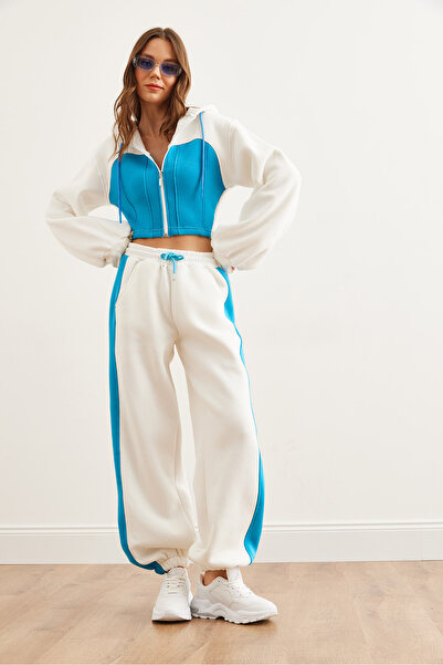 Olalook Kadın Mavi Renk Detaylı Şardonlu Kalın Kışlık Eşofman Takımı ETKM-0000073