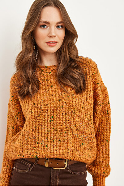 Olalook Pulover de damă de culoare portocalie cu detalii moale, tricotaje supradimensionate KZK- 19000862