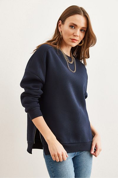 Olalook Women's Navy Blue Thick Sweatshirt with Side Zipper Detail and Fleece Inside Swt- 19000624