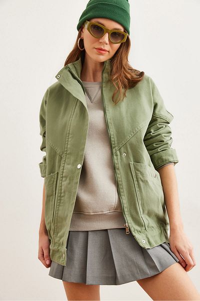 Olalook Khakifarbene lange Damen-Jeansjacke mit Taschen und Reißverschluss – CKT- 19000258
