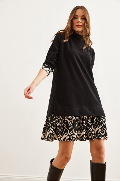 Olalook Kadın Siyah Şal Garnili Selanik Elbise ELB-19000965