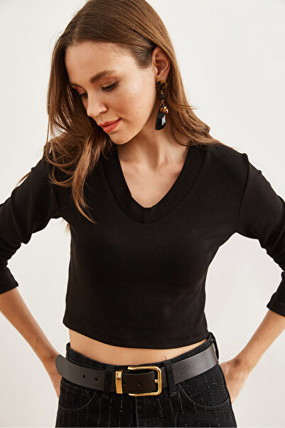 Olalook Schwarze Soft-Touch-Bluse mit V-Ausschnitt für Damen BLZ- 19002767