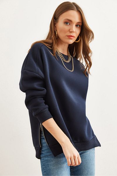 Olalook Women's Navy Blue Thick Sweatshirt with Side Zipper Detail and Fleece Inside Swt- 19000624