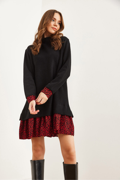 Olalook Γυναικείο φόρεμα Θεσσαλονίκης με μαύρο κόκκινο λουλούδι - ELB- 19000965