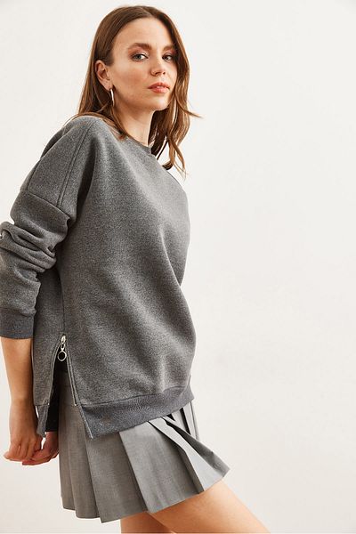 Olalook Women's Anthracite Thick Sweatshirt with Side Zipper Detail and Fleece Inside Swt- 19000624