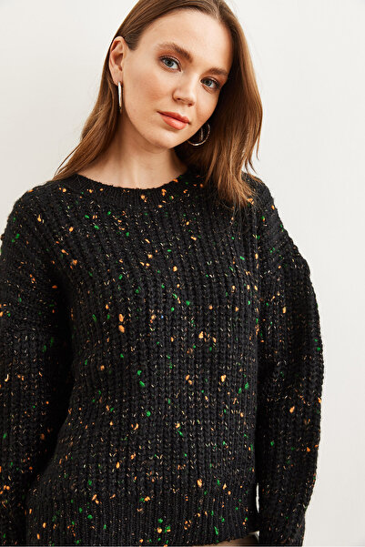 Olalook Pulover de damă de culoare neagră, cu detalii moale, tricotaje supradimensionate KZK- 19000862