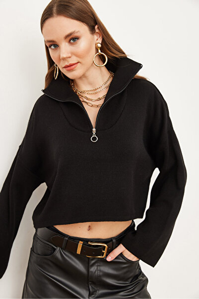 Olalook Pulover de damă, negru, cu fermoar, cu guler ridicat, tricotaj, KZK- 19000854