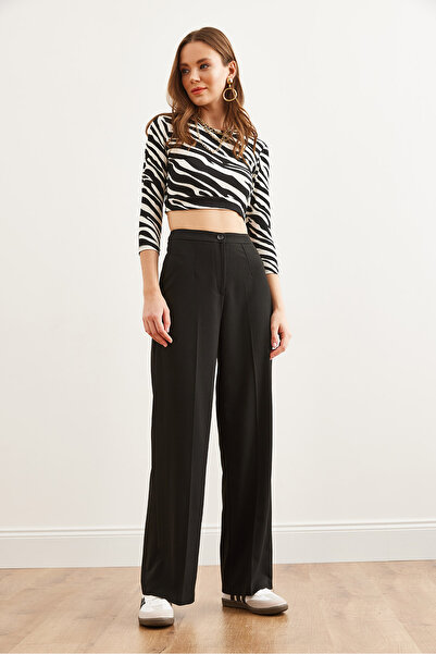 Olalook Kadın Siyah Tek Düğmeli Poliviskon Palazzo Pantolon PNT-19000296