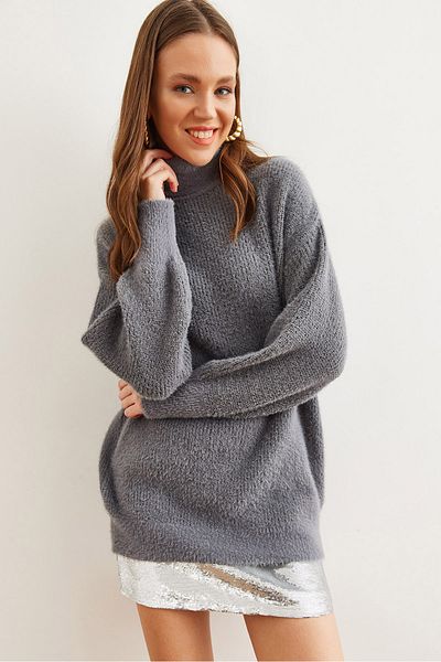 Olalook Anthrazitfarbene Rollkragenpullover für Damen mit weichem, strukturiertem Bart, Strick-Tunika TNK- 19000098